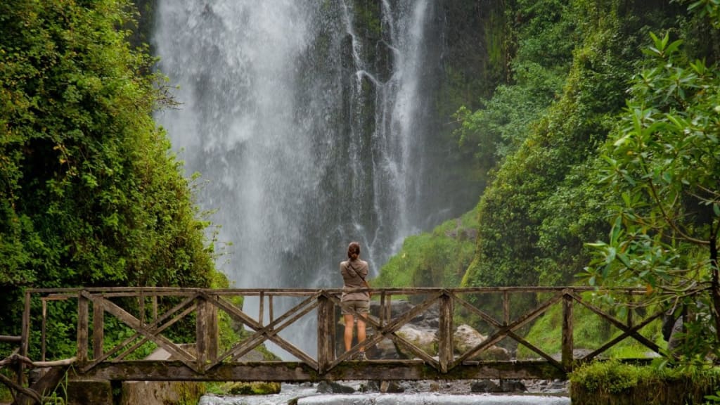 A woman is standing on a wooden bridge near a waterfall.